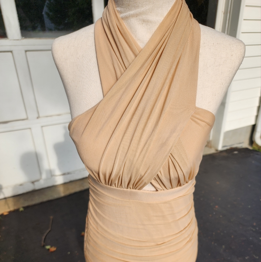 Bardot bodycon Nude colored dress witha criss cross beck and mesh back. Size 4